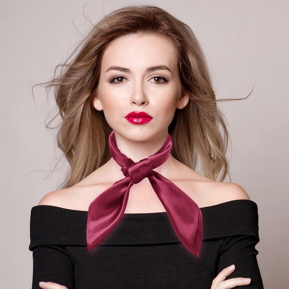 Women's Maroon Silk Feeling Scarf 23.6'' Square Satin Scarf Neck Head Bandana - Picture 2 of 7